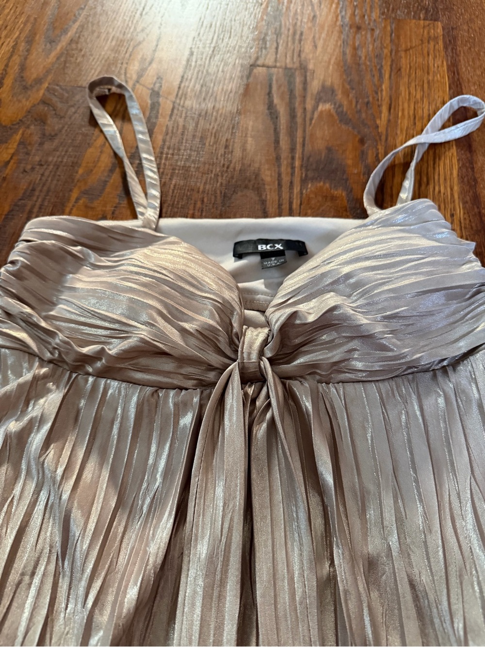 BCX Metallic Pleated Spaghetti Strap Mini Dress in Champagne - Picture 2 of 4